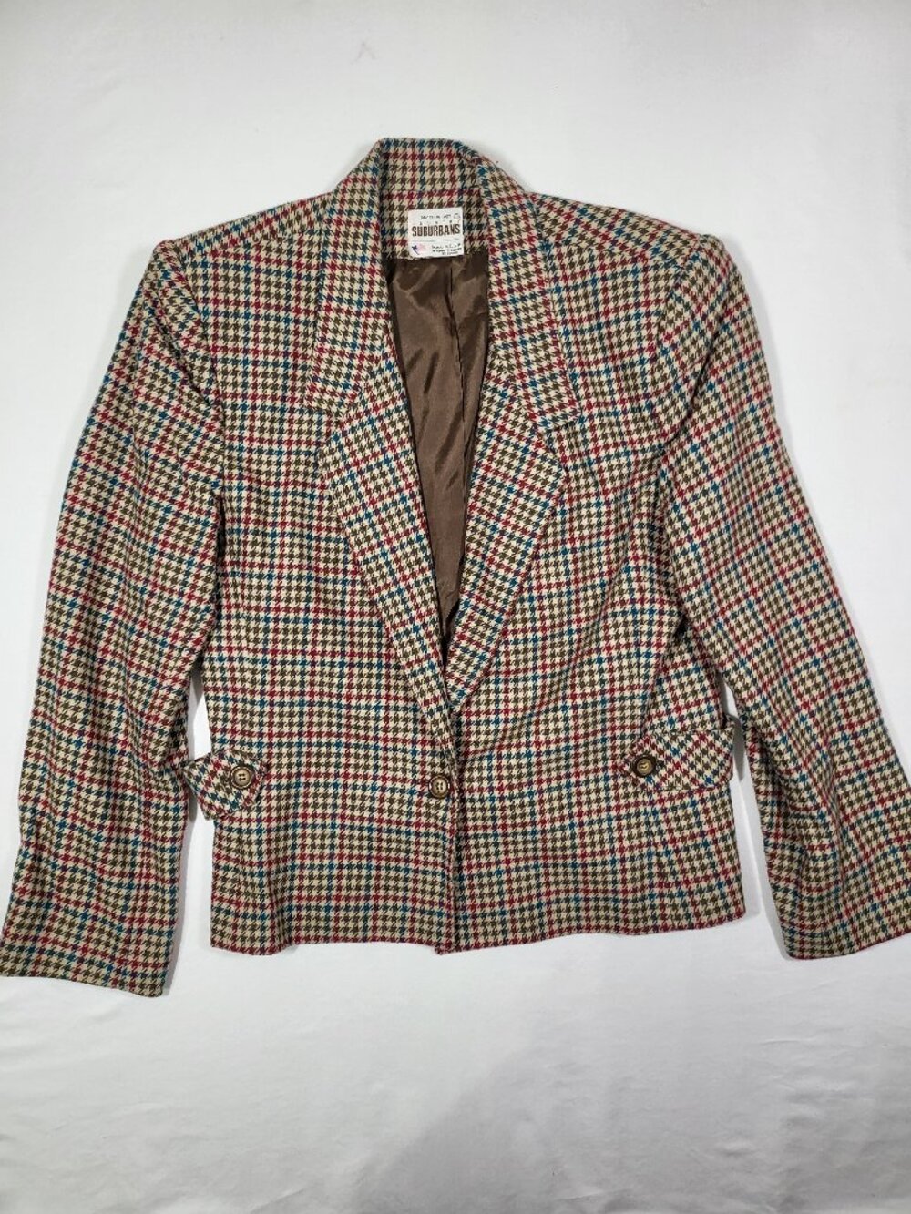 VTG 70s Country Suburbans Houndstooth Plaid Blazer Jacket Sz 12 ILGWU Made USA